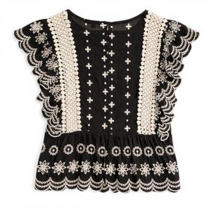 Monograph Black/Cream‎ Boho Embroidered Ruffle Eyelet Lace Cotton Peplum Top M